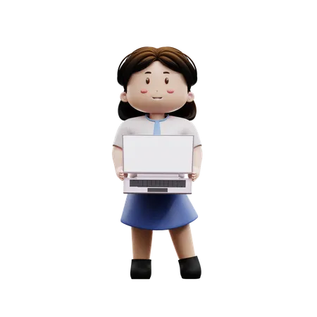 Girl student holding laptop  3D Illustration