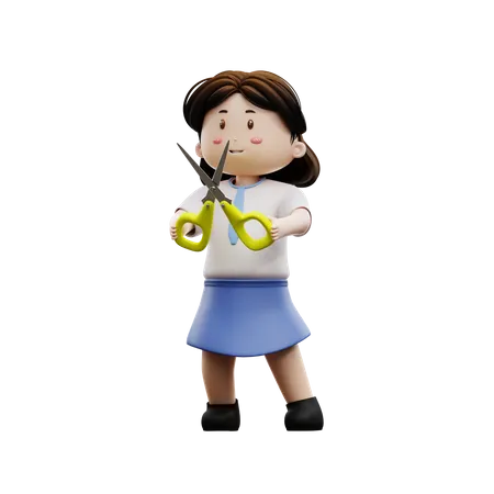 Girl student holding scissors  3D Illustration