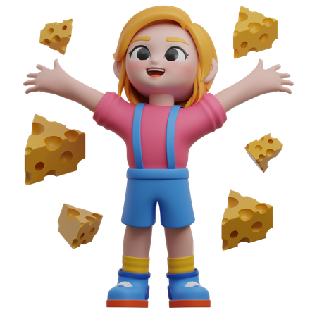 Girl With Floating Cheese Pieces  3D Illustration