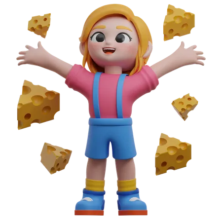 Girl With Floating Cheese Pieces  3D Illustration