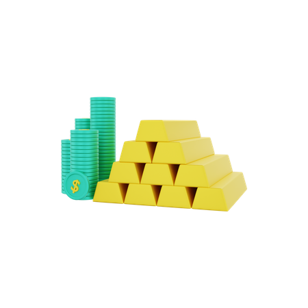 Goldbarren mit Haufen von Dollarmünzen  3D Illustration