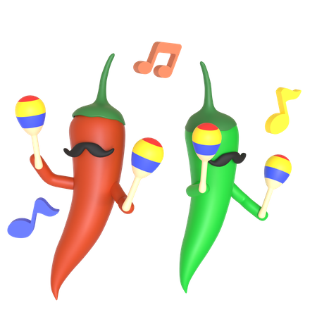 Green and red chili pepper playing maracas  3D Illustration