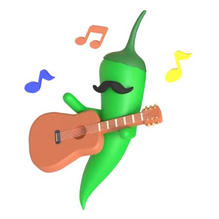 Green chili pepper playing guitar  3D Illustration