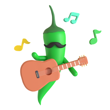 Green chili pepper playing guitar  3D Illustration