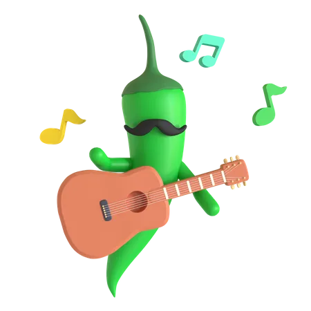 Green chili pepper playing guitar  3D Illustration