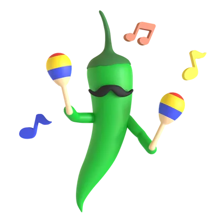 Green chili pepper playing maracas  3D Illustration