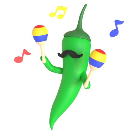 Green chili pepper playing maracas  3D Illustration