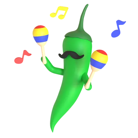 Green chili pepper playing maracas  3D Illustration