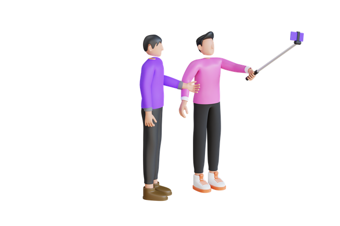 Group Friends Taking Selfie With Selfie Stick  3D Illustration