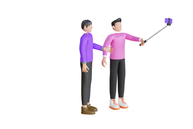 Group Friends Taking Selfie With Selfie Stick  3D Illustration