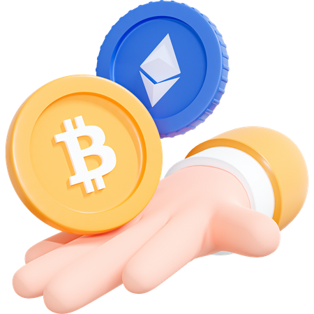 Hand Holding Bitcoin And Ethereum Coins  3D Icon