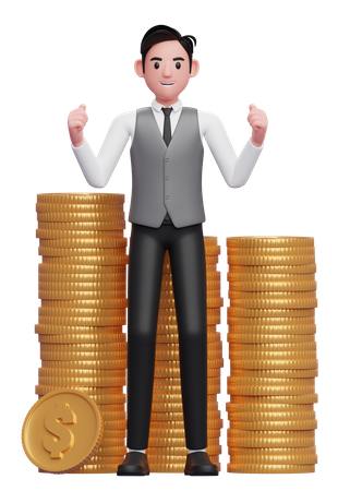 Happy businessman in grey vest getting lots of piles of gold coins  3D Illustration