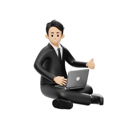 Happy Businessman Works On Laptop  3D Illustration