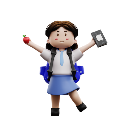 Happy female student holding book and apple  3D Illustration