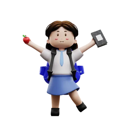 Happy female student holding book and apple  3D Illustration