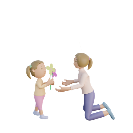 Hija dando flores a madre  3D Illustration