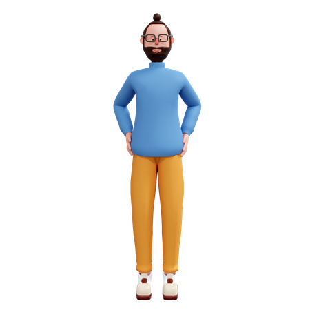 Hombre de barba de pie poniendo las manos en la cintura  3D Illustration