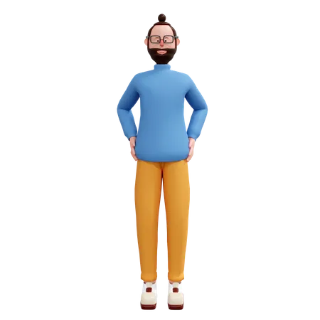 Hombre de barba de pie poniendo las manos en la cintura  3D Illustration