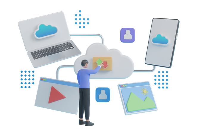 Hombre haciendo carga y descarga de datos en línea en el almacenamiento en la nube  3D Illustration