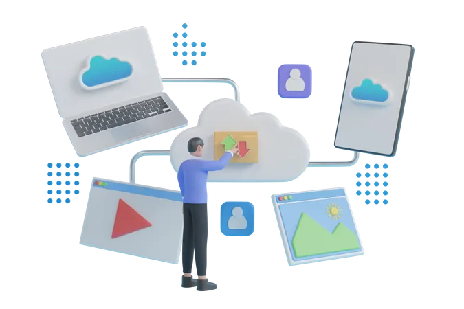 Hombre haciendo carga y descarga de datos en línea en el almacenamiento en la nube  3D Illustration