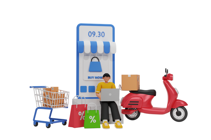 Hombre haciendo compras en línea  3D Illustration