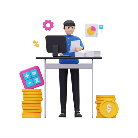 Hombre haciendo contabilidad en línea  3D Illustration