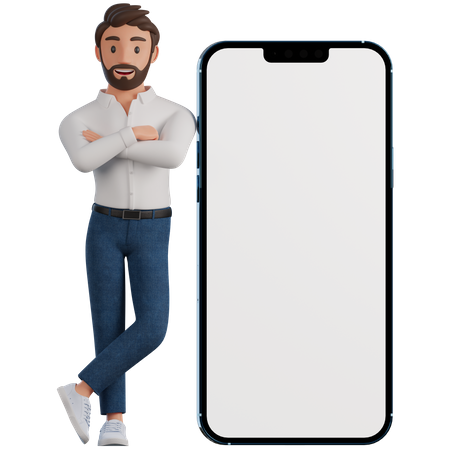 El hombre se apoya en el teléfono  3D Illustration