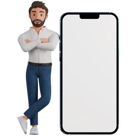 El hombre se apoya en el teléfono  3D Illustration