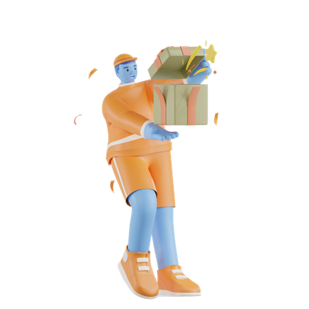 Hombre sujetando caja de regalo sorpresa  3D Illustration