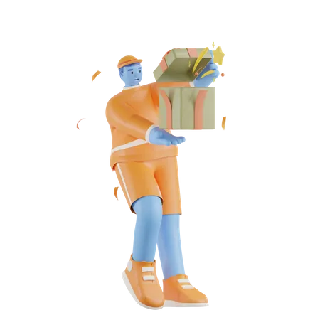 Hombre sujetando caja de regalo sorpresa  3D Illustration