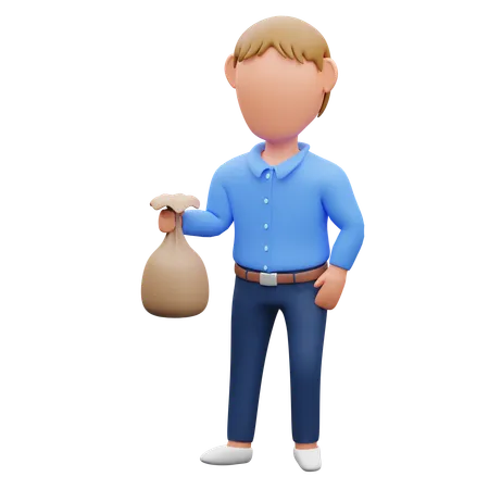 Hombre sujetando saco de dinero  3D Illustration