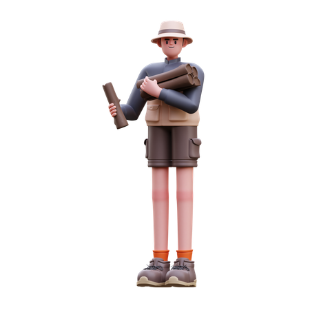 Hombre turista recoger leña  3D Illustration