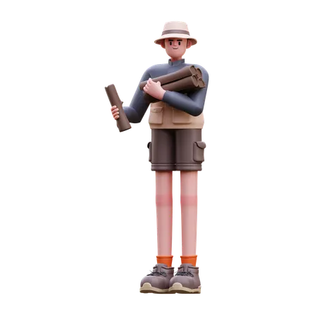 Hombre turista recoger leña  3D Illustration