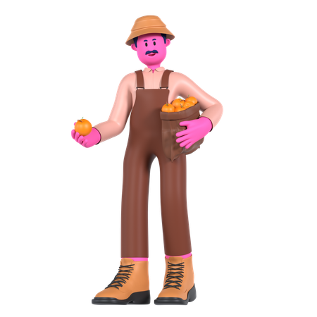 Agricultor masculino segurando saco laranja  3D Illustration