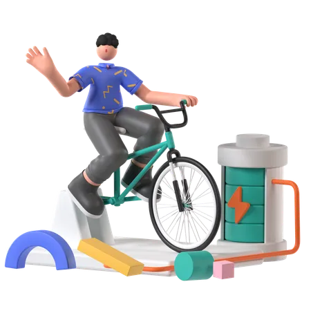 Homem fazendo carregamento de bateria de bicicleta  3D Illustration