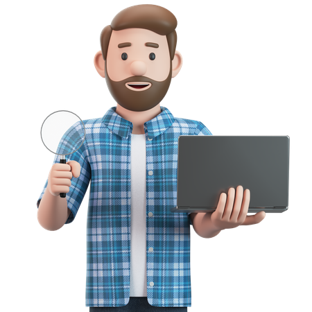 Homem segura uma lupa e um laptop na mão  3D Illustration