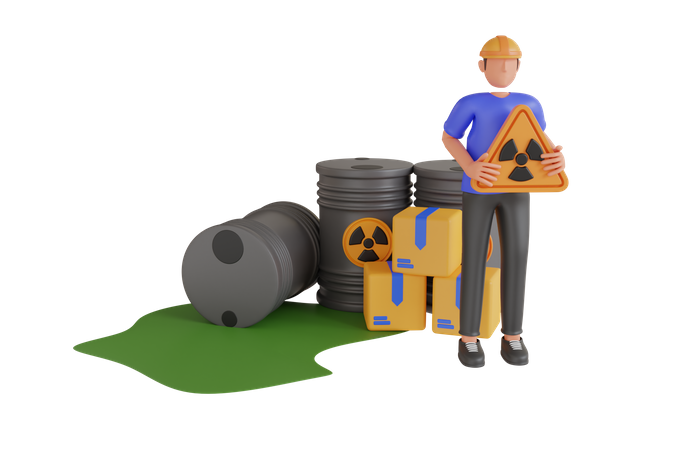 Homme avec des barils de liquide dangereux  3D Illustration