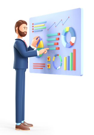 Homme d'affaires effectuant une analyse statistique  3D Illustration