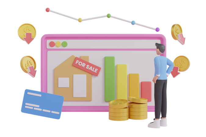 House sale falling due to economic recession  3D Illustration