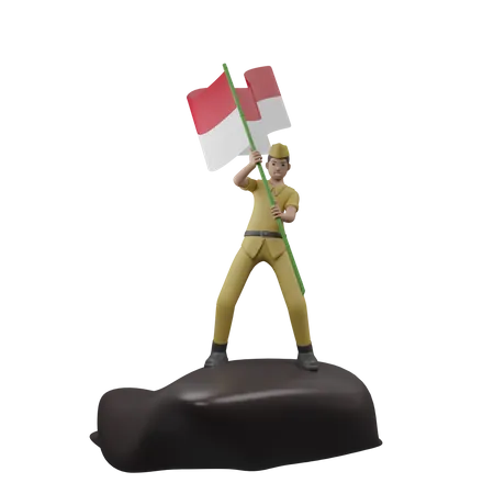 Indonesian Man Holding Indonesian Flag  3D Illustration