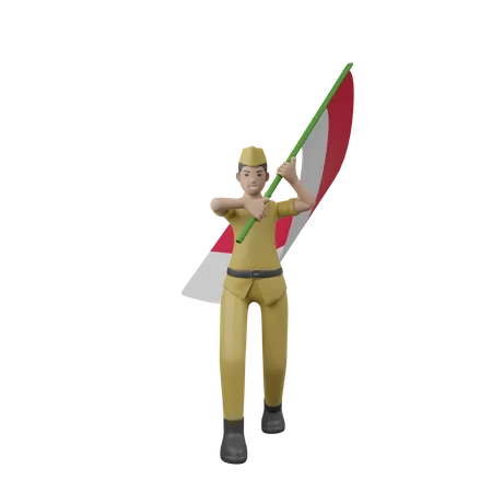 Indonesian Man Holding Indonesian Flag  3D Illustration