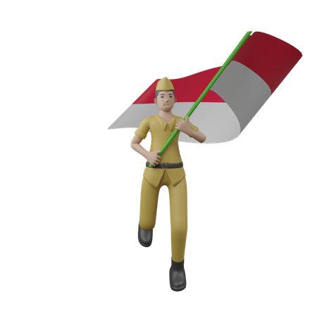 Indonesian Man Holding Indonesian Flag  3D Illustration