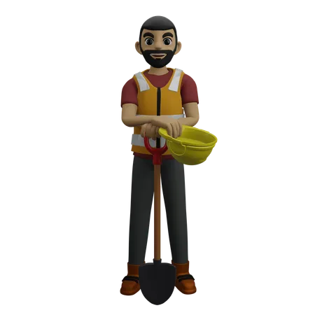 Ingeniero civil de pie con pala y casco  3D Illustration