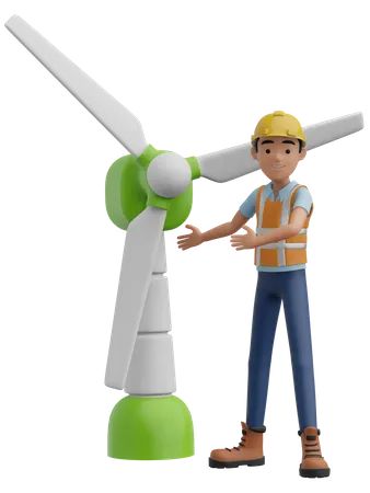 Ingenieur und elektrische Windmühle  3D Illustration