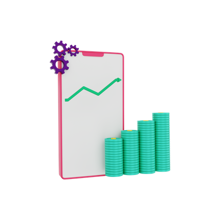 Investment graph seen on the mobile phone dollar coin growing  3D Illustration