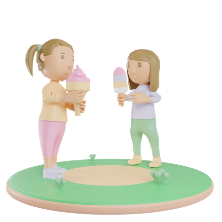 Irmãos meninas tomando sorvete  3D Illustration