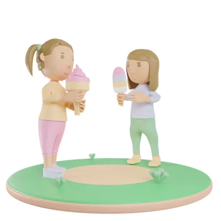 Irmãos meninas tomando sorvete  3D Illustration