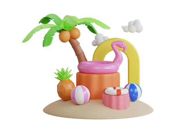 Island with beach equipment  3D Illustration