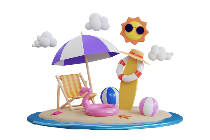 Island with sun and beach equipment  3D Illustration