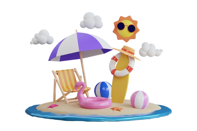 Island with sun and beach equipment  3D Illustration